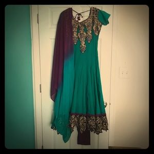 Teal Purple & Gold Anarkali Shalwar Dress